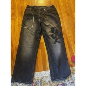Vintage Phat Farm‎ Dark Denim Wide Leg Jeans Streetwear Y2K 38x33 Men's Hip Hop